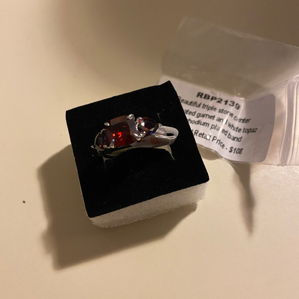RBP #2139 - 3 Garnet (Lab) Rhodium Size 6 Ring NWT